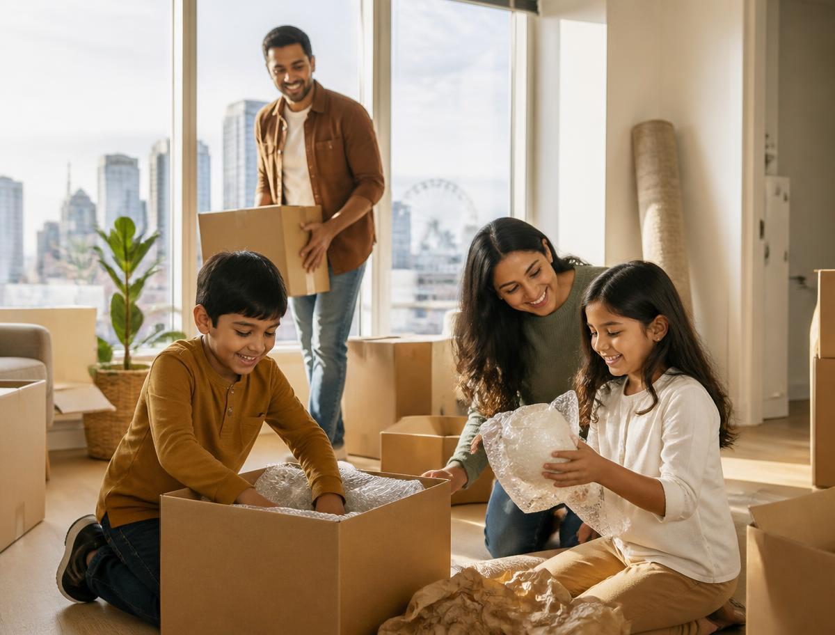 Family settling into a new home abroad