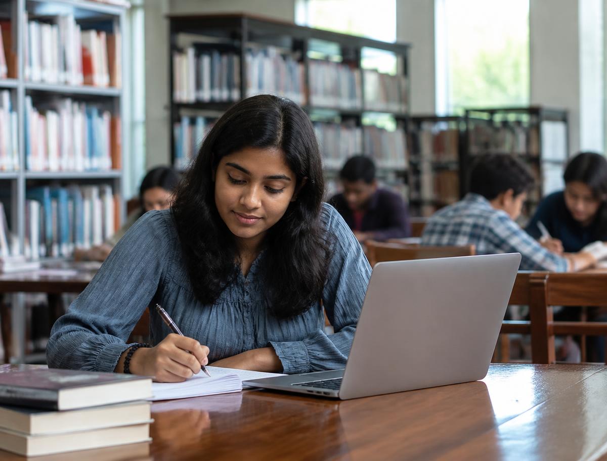 International student studying in a university library