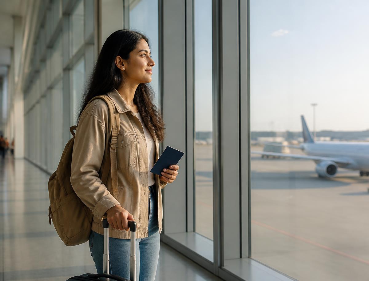 Traveller with a passport waiting at an international airport terminal