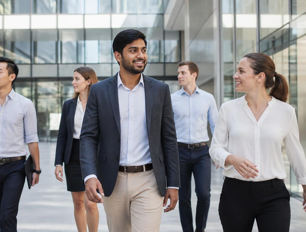 Professionals walking through a modern international office lobby